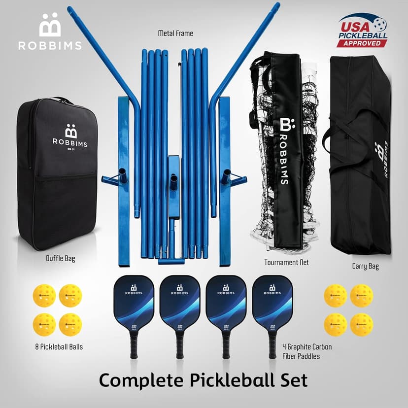 Portable Pickleball Set with Net | 4 USAPA Approved Graphite Paddles, Duffle Bag, Regulation Size Pickleball Net System, Assembly Manual, 8 Outdoor Pickleball Balls and Carry Bag
