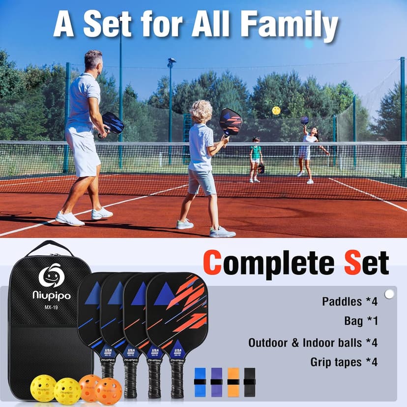 niupipo Pickleball Paddles Set of 2/4, USAPA Approved Lightweight Pickleball Rackets, Durable Fiberglass Surface with Polypropylene Honeycomb Core, Cushion Grip and Carry Bag