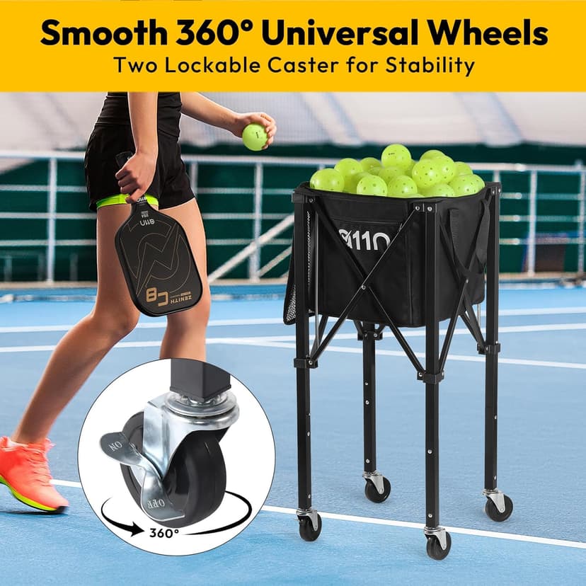 A11N Pickleball Tennis Ball Hopper - Sturdy Large Capacity Tennis Ball Basket Holds 120 Balls, Upgraded Pickleball Caddy Practice Equipment/Multifunction Pockets and Wheels for Training/Teaching