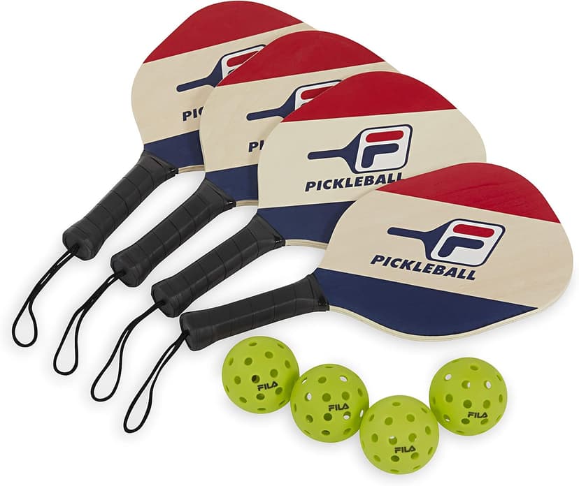 FILA Accessories Pickleball Net Set - Includes Pickleball Paddles Set of 4 with Regulation Size 4 Outdoor Balls & 10ft All Weather Mesh Net for Indoor or Outdoor Use - Lightweight, Quick & Easy Setup