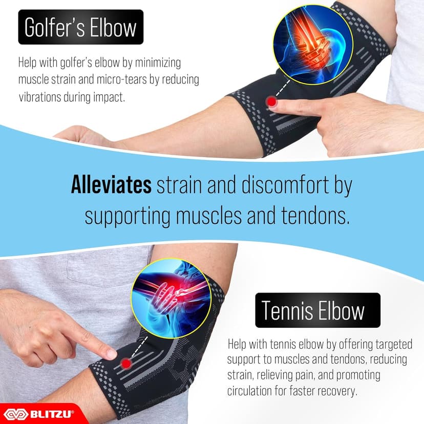 BLITZU 2 Pack Elbow Compression Sleeve, Tennis Elbow Brace Support for Golfer's, Arthritis, Bursitis & Tendonitis Treatment & Pain. Great for Gym Workout, Weightlifting. Black Large.