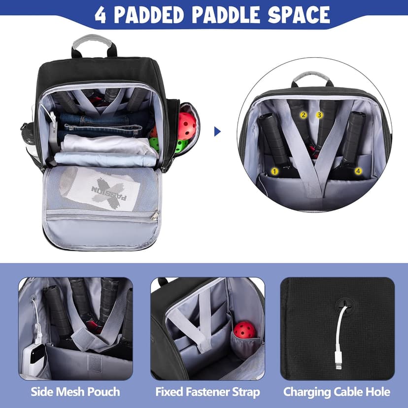 Pickleball Bag for 4 Paddles with Shoe Compartment, Pickleball Backpack with Fence Hook for Pickleball Accessories