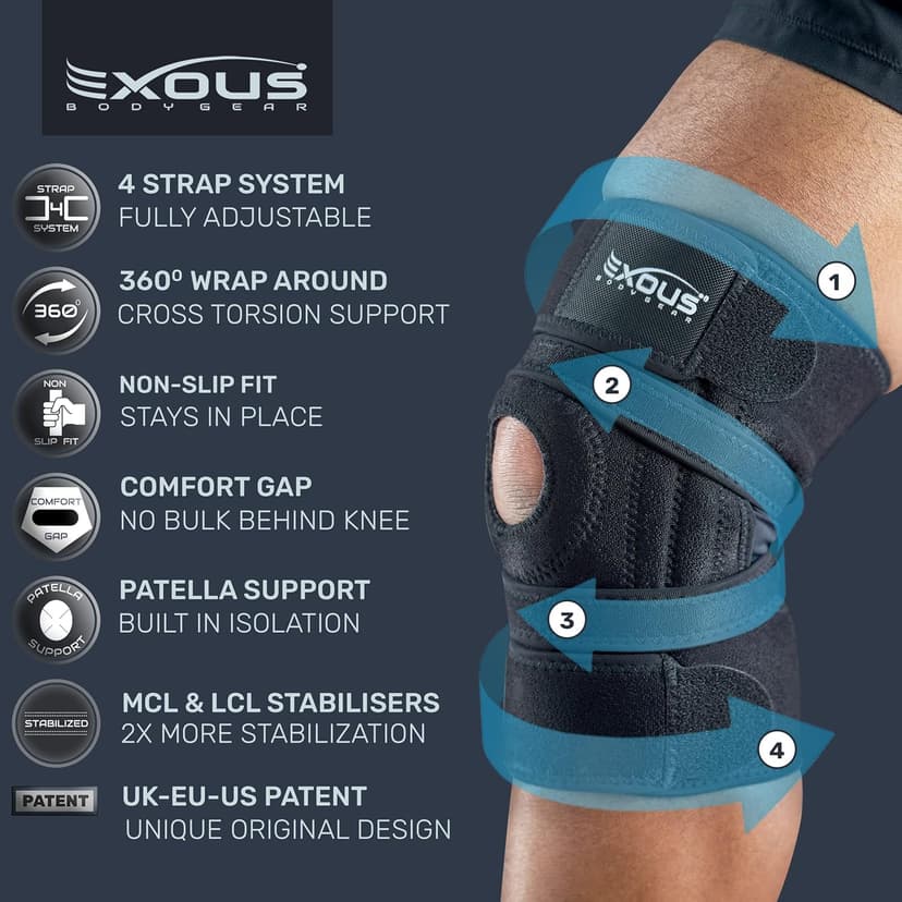 Knee Brace Meniscus Tear Support For Arthritis Acl, Mcl Pain Patented 4-way Adjustable Wraparound Strap Dual Side Stabilizer For Patella Stability Size [medium]
