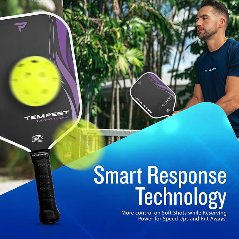 Paddletek Tempest TKO-C 14.3mm - Professional Pickleball Paddles with Polymer Honeycomb Core - PT-700 Unidirectional Carbon Fiber – Torsional Weighting & High Tack Performance Grip - USAPA Approved