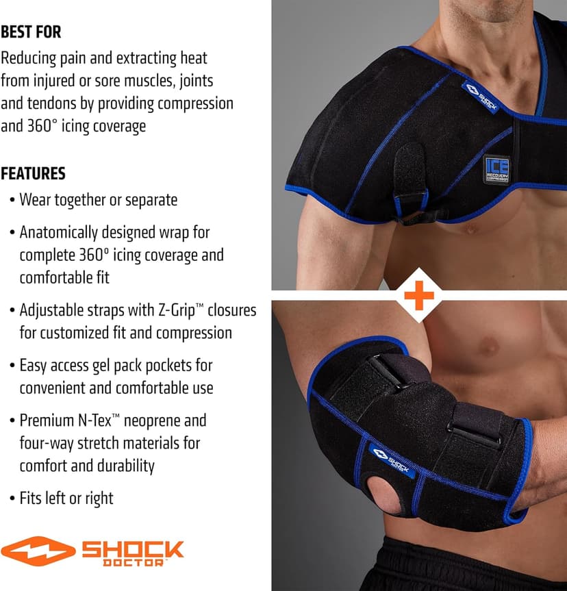 Shock Doctor ICE/Heat Recovery Compression Shoulder & Elbow Wrap Brace, Reusable Gel Ice Packs for Injuries, Hot Cold Therapy