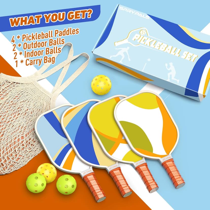 Pickleball Paddles Set of 4, Premium Wood with 4 Indoor & Outdoor Pickleball Balls and 1 Carry Bag, Pickleball Rackets with Ergonomic Cushion Grip for Beginner & Professional Gifts for Women Men Youth