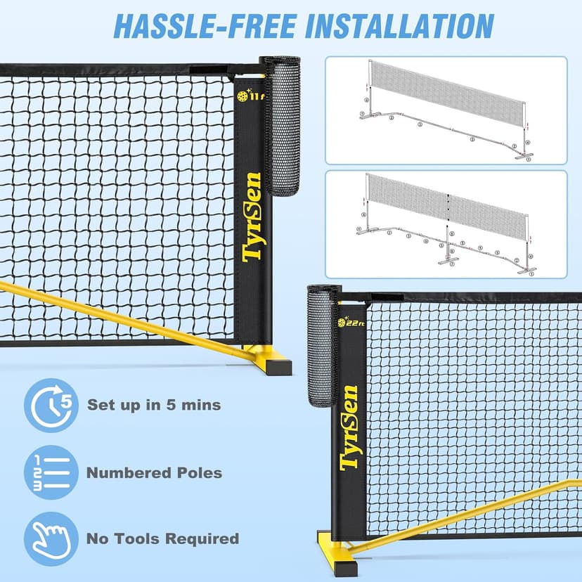 Portable Pickleball Net for Driveway, 22 FT Regulation Size & 11 FT Half Court Size Pickle Ball Net with Ball Collector, 2-in-1 Pickle Ball Net with Carry Bag for Garages Backyard