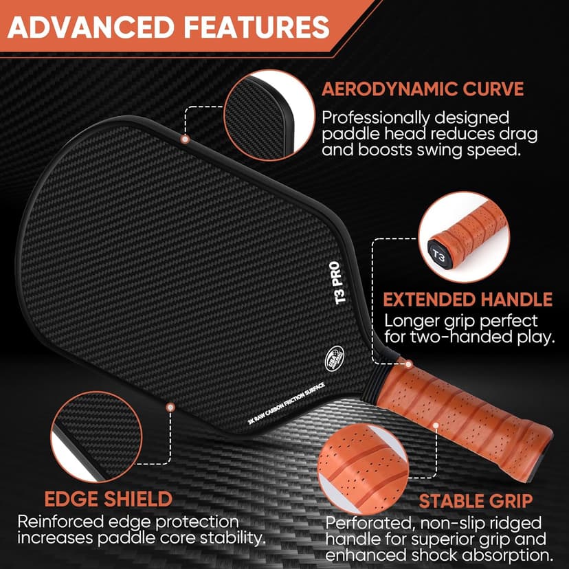 Pickleball Paddle - 3K Raw Carbon Fiber Surface (CFS) + Carbon Abrasion Surface (CAS) with High Grit & Spin, Sure-Grip Elongated Handle, Pickle Ball Paddle with 16mm Polypropylene Honeycomb Core