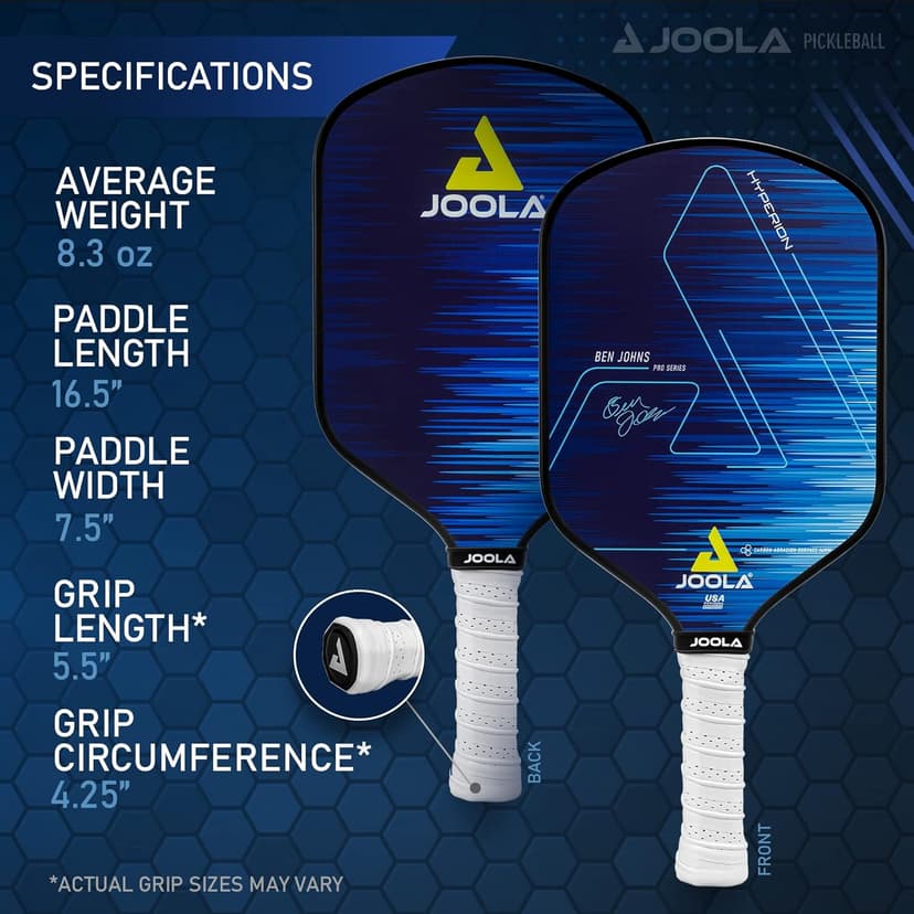 JOOLA Ben Johns Hyperion Pickleball Paddle - Carbon Surface & Sure-Grip Elongated Handle - Increased Power and Spin - Carbon Fiber Pickleball Paddle - Honeycomb Polypropylene Core - USAPA Approved