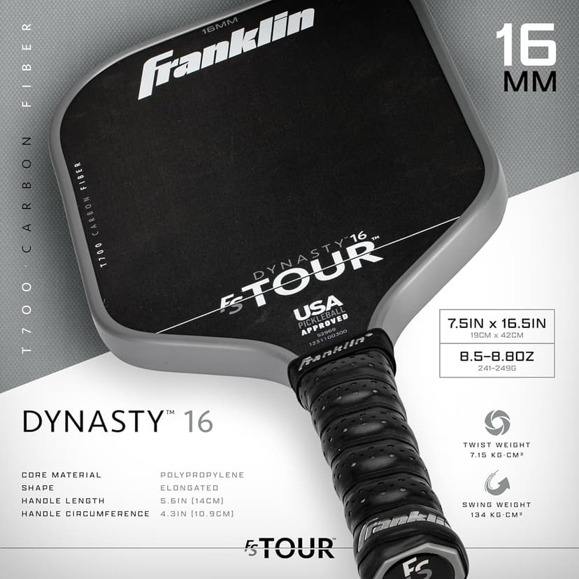 Franklin Sports Pro Pickleball Paddles - FS Tour Series Raw Carbon Fiber T700 - USA Pickleball Approved - Unibody Epoxy Resin Injected Edge - Dynasty + Tempo - 14mm/16mm Core - Gray, Blue + Pink