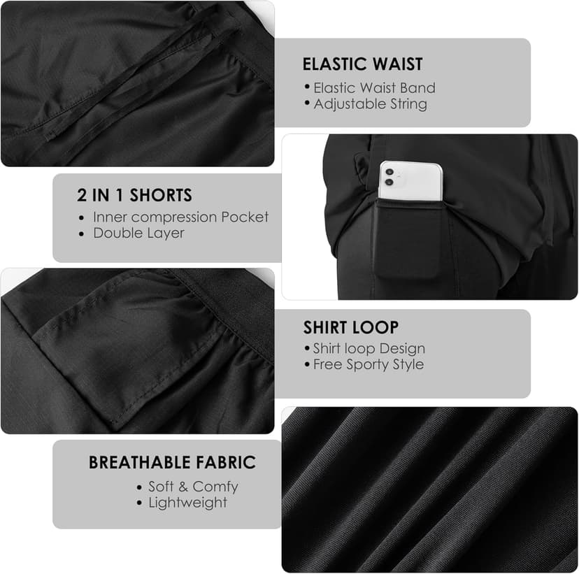 NIMOJIRO Men's 2 in 1 Running Shorts Workout Athletic Training Gym Outdoor Sports Shorts