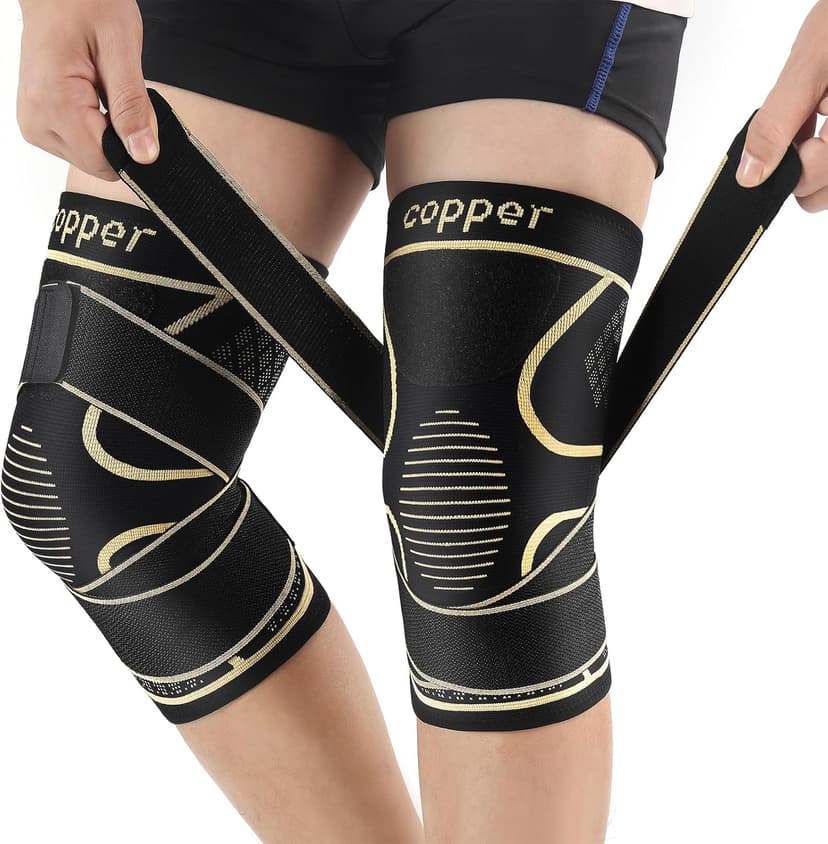 Copper Knee Braces with Strap for Knee Pain Women and Men(2 Pack), Knee Compression Sleeve for Arthritis, ACL, Meniscus Tear, Joint Pain Relief, Knee Support for Working, Running, Weightlifting(L)