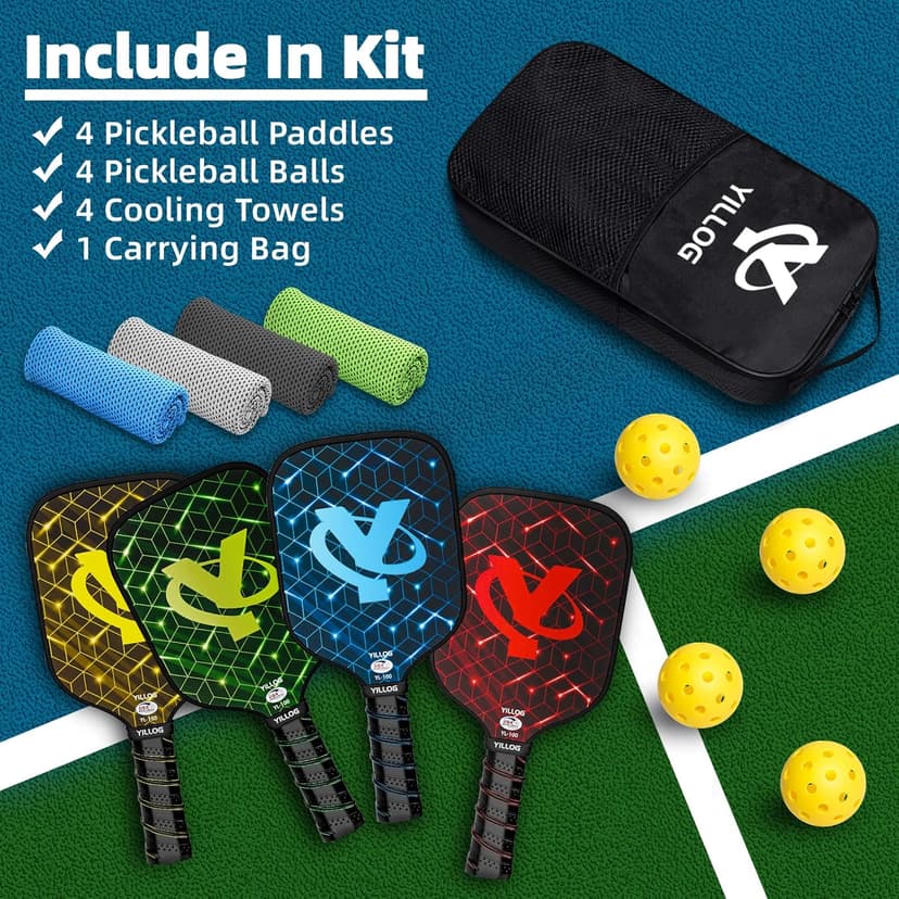 Pickleball Paddles, USAPA Approved Pickleball Paddle Set of 4, Fiberglass Surface Pickleball Set, 4 Pickleball Balls, 4 Cooling Towels, Pickleball Bag, Pickle Ball Paddle for Men Women
