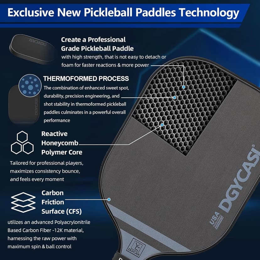 YC DGYCASI 16mm Pickleball Paddles Professional, 2025 USAPA Approved T700 Carbon Fiber Surface Pickle Paddle(CFS), Polypropylene Lightweight Honeycomb Core, Cushion Comfort Grip, with Cover Case Black