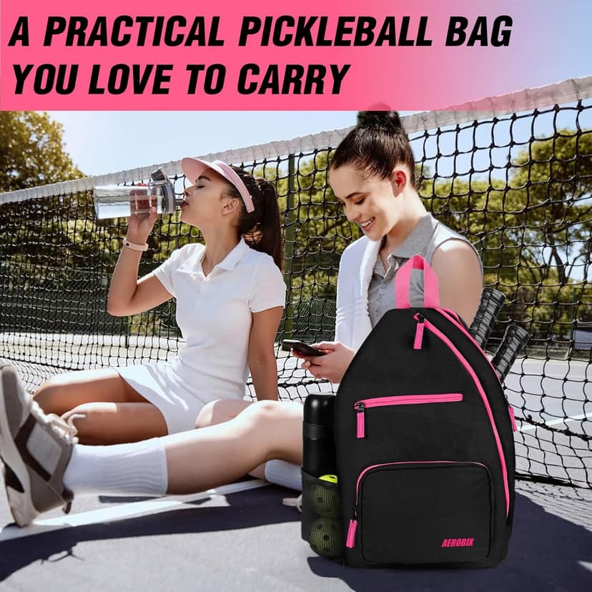 AEROBIX Pickleball Bag for Women & Men, Pickle Ball Backpack - Upgraded Zippers, Large Capacity, Padded Paddle Pocket, Adjustable Sling Bag (No Accessories)