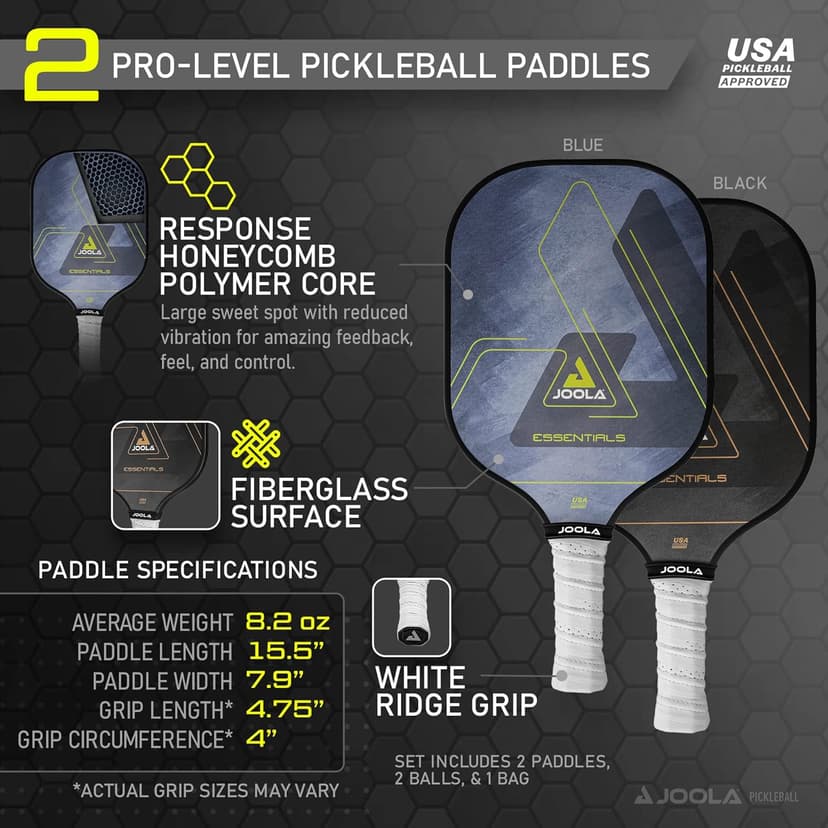 JOOLA Pickleball Paddles & Sets – Agassi Shape or Essentials – Fiberglass or Carbon Fiber Surface – UPA-A & USAP Approved – Single Paddle or Pickleball Set with Balls & Bag – Enhanced Spin & Control