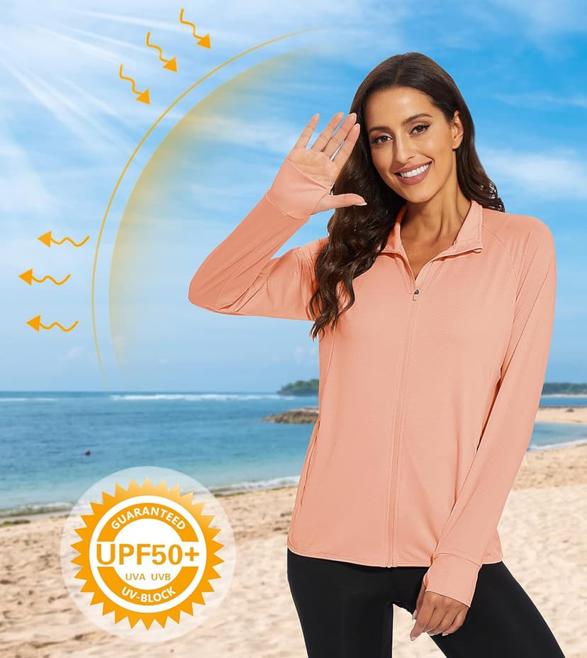 MAGCOMSEN Women's UPF 50+ Lightweight Athletic Jacket Sun Protection Full Zip Long Sleeve Shirts Hiking Outdoor Pockets
