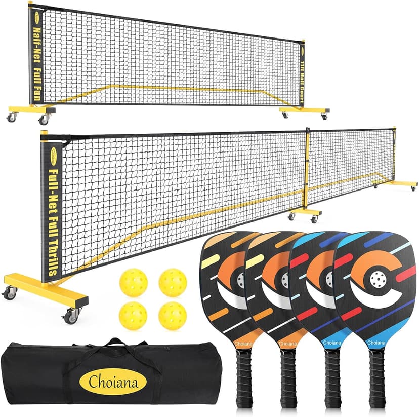 Pickleball Net Set, Portable Pickleball Set w/Wheels, 11ft & 22ft Regulation Size Pickel Ball Net, Set of 4 Balls and Paddles, Heavy Duty Frame for Backyard Driveway Outdoor