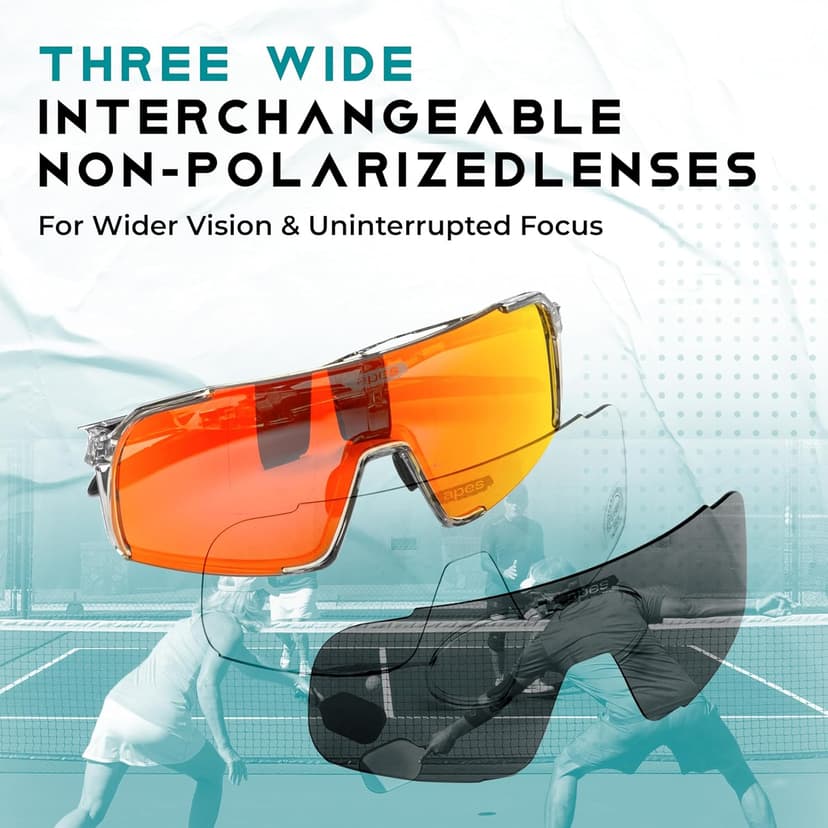 Pickleball Glasses for Women & Men - ANSI Z87.1 Pickleball Safety Glasses with 3 Lenses, Adjustable Nosepads, Head Strap, & Protective Case - Pickleball Protective Eyewear