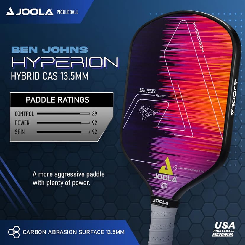 JOOLA Ben Johns Hyperion Pickleball Paddle - Carbon Surface & Sure-Grip Elongated Handle - Increased Power and Spin - Carbon Fiber Pickleball Paddle - Honeycomb Polypropylene Core - USAPA Approved