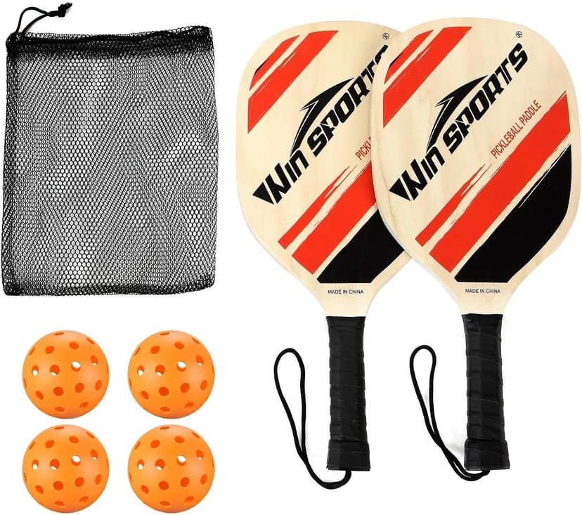 Wooden Pickleball Paddles Set 2 - Win SPORTS Beginner Racket,Pickle Ball Paddles with 2 Paddles,4 Balls and 1 Carry Bag,Durable and Classic (Choose Black and Wooden Version)