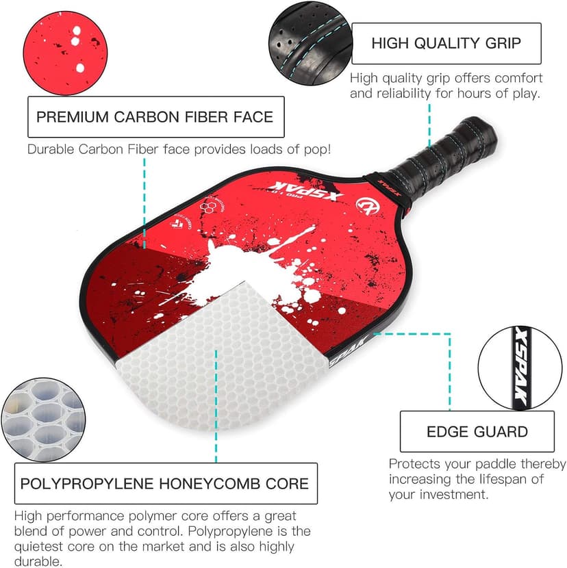 XS XSPAK Pickleball Paddles Sets, USAPA Graphite Face/Carbon Fiber and Polypropylene Honeycomb Core, Anti-Slip Sweat-Absorbing Soft Cushion Grip, Pickleball Set of 2 with 2-4 Balls and 1 Bag/Backpack