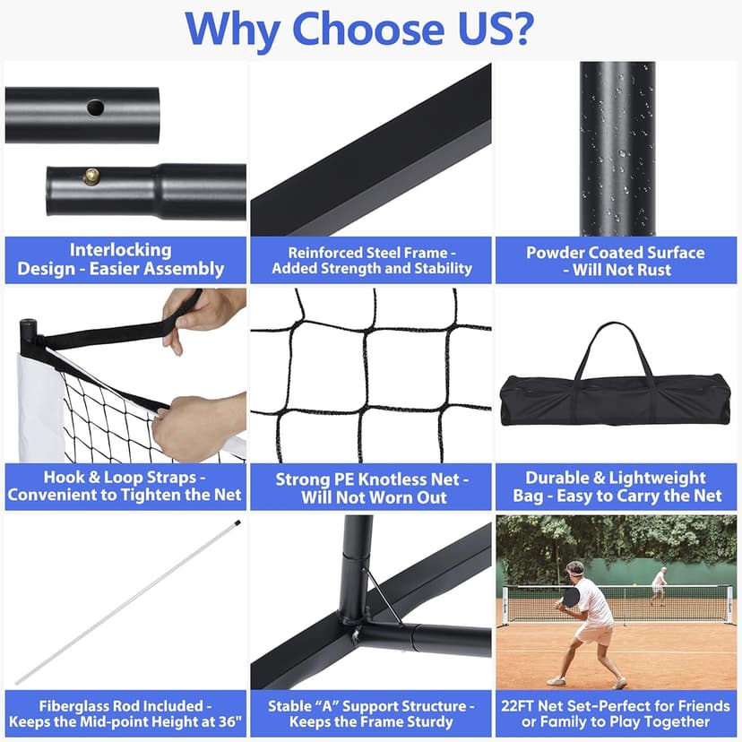 ZENY Portable Pickleball Net Set System with Metal Frame and 22FT Regulation Size Pickball Net with Carry Bag for Backyard, Driveways, Outdoor Game