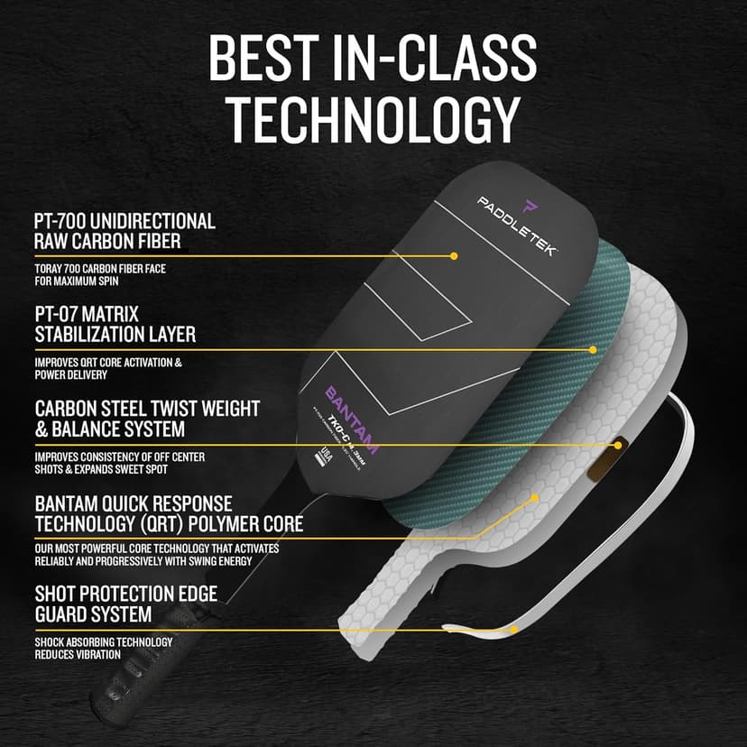 Paddletek Bantam TKO-C 14.3mm Pickleball Paddles with Polymer Honeycomb Core - Unidirectional Carbon Fiber – Torsional Weighting & High Tack Performance Grip - USAPA Approved - 5.25 Inch Handle