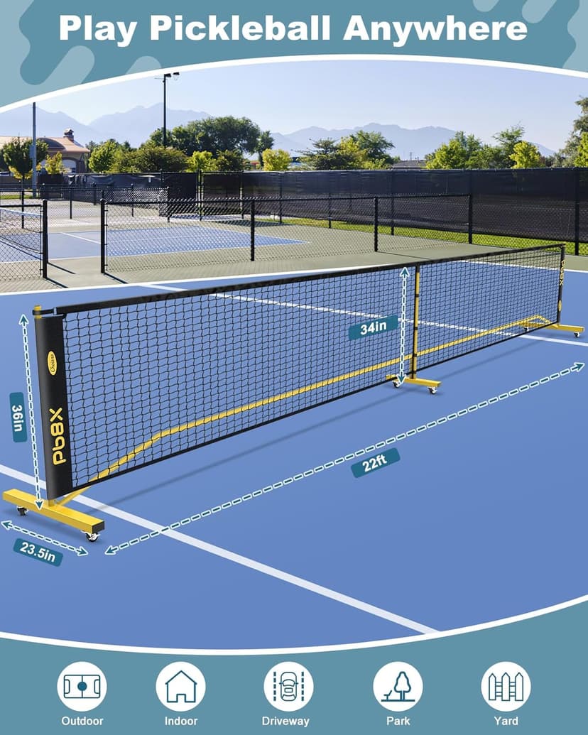 Pickleball Net Set, Portable Pickleball Set w/Wheels, 11ft & 22ft Regulation Size Pickel Ball Net, Set of 4 Balls and Paddles, Heavy Duty Frame for Backyard Driveway Outdoor