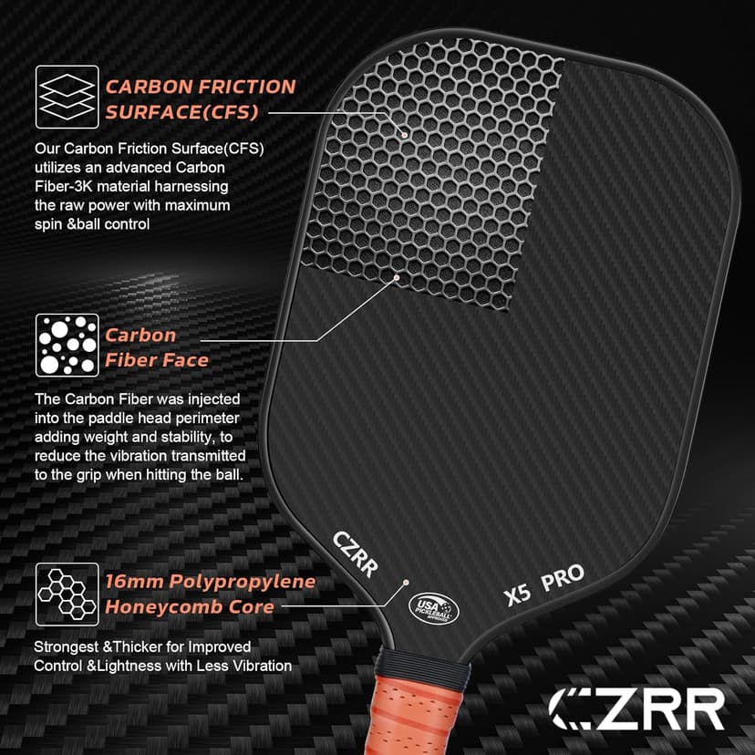 Pickleball Paddle, USA Pickleball Approved, 3K Raw Carbon Fiber Surface (CFS) High Grit & Spin, with 16MM Polypropylene Honeycomb Core, Ideal for Novice and Professional Players