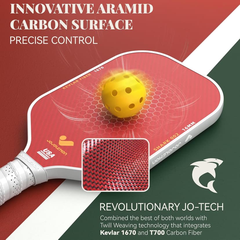 Pickleball Paddles, Carbon Fiber Pickleball Paddle with a 16mm Shark Power Polymer Core, The Pickleball Rackets Designed for Ultimate Spin & Consistency