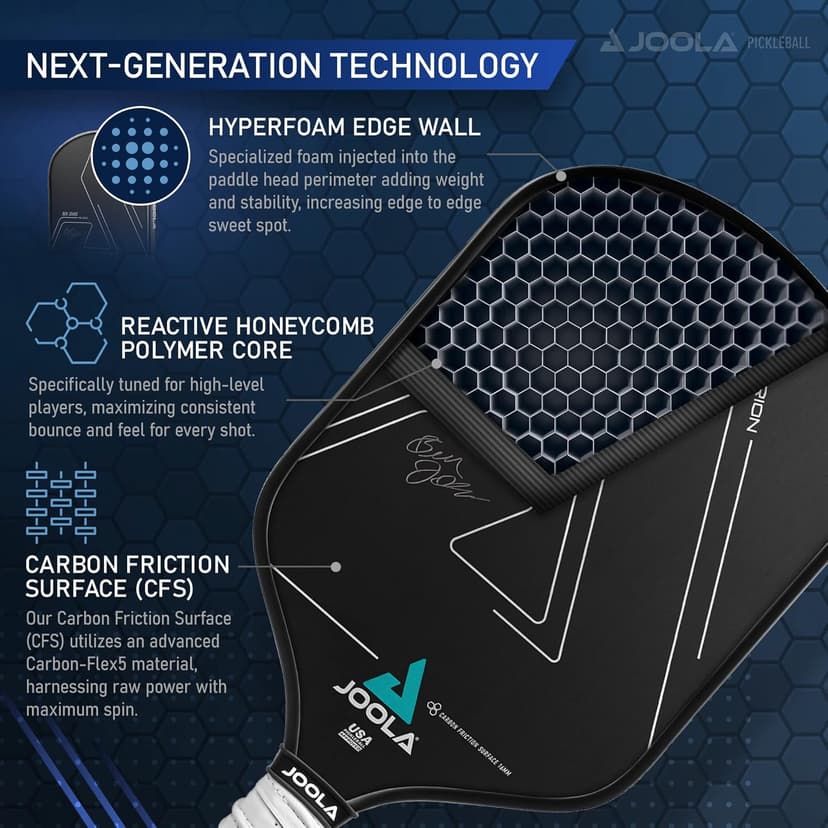 JOOLA Ben Johns Hyperion Pickleball Paddle - Carbon Surface & Sure-Grip Elongated Handle - Increased Power and Spin - Carbon Fiber Pickleball Paddle - Honeycomb Polypropylene Core - USAPA Approved