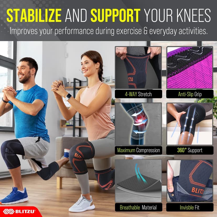 Knee Brace for Women & Men, 2 Pack Compression Knee Brace, Knee Support Sleeve for Pain Relief, Running, Workout, Sports, Knee Braces for ACL, Meniscus Tear, Arthritis and Injury Recovery Purple L