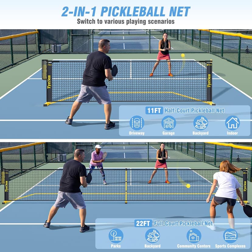 Portable Pickleball Net for Driveway, 22 FT Regulation Size & 11 FT Half Court Size Pickle Ball Net with Ball Collector, 2-in-1 Pickle Ball Net with Carry Bag for Garages Backyard