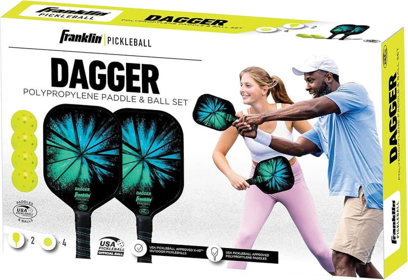 Franklin Sports Pickleball Paddle and Ball Set - (2) Dagger Fiberglass Rackets + (4) X-40 Balls - USA Pickleball (USAPA) Approved - 2 Player Set