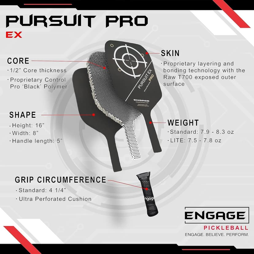 Engage Pursuit Pro EX Pickleball Paddle – Widebody Shape, Raw T700 Toray Carbon Fiber Face, 13mm Control Pro “Black” Core, Vortex Barrier Edge Technology Limits Vibration