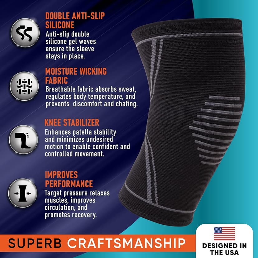 Knee Brace for Pain Relief - 2 Pack Knee Sleeves for Men and Women - Support for Weightlifting, Gym, Workout, Volleyball - Meniscus Tear, ACL, Arthritis