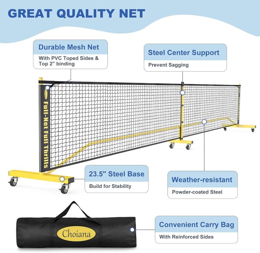 Pickleball Net Set, Portable Pickleball Set w/Wheels, 11ft & 22ft Regulation Size Pickel Ball Net, Set of 4 Balls and Paddles, Heavy Duty Frame for Backyard Driveway Outdoor