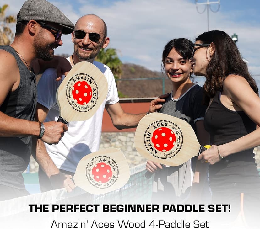 Amazin' Aces Pickleball Wood Paddles Set of 4 or 2 - Wood Pickleball Rackets for All Levels, Includes 4 Wooden Pickleball Paddles with Comfy Cushion Grip, 4 Pickleball Balls, and 1 Pickleball Bag