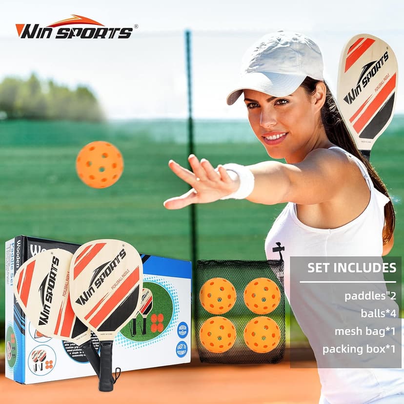 Wooden Pickleball Paddles Set 2 - Win SPORTS Beginner Racket,Pickle Ball Paddles with 2 Paddles,4 Balls and 1 Carry Bag,Durable and Classic (Choose Black and Wooden Version)