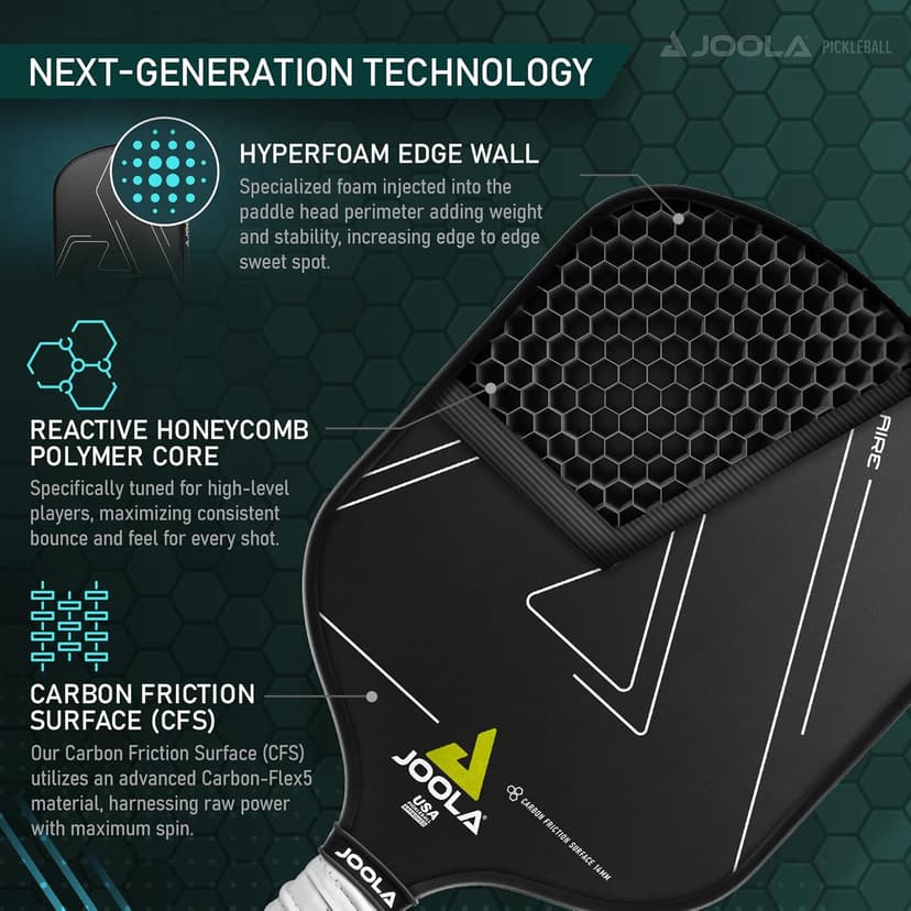 JOOLA Solaire Professional Pickleball Paddle with Carbon Friction Surface - Ideal Combination of Spin, Power, & Control - Pickleball Racket with Reactive Polypropylene Honeycomb Core 14mm