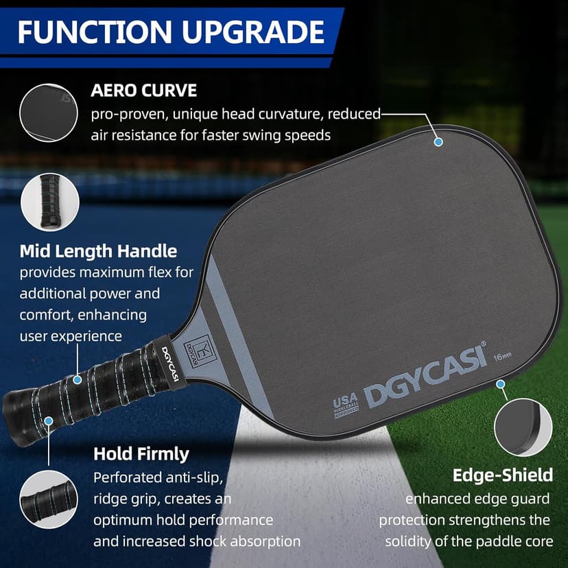 YC DGYCASI 16mm Pickleball Paddles Professional, 2025 USAPA Approved T700 Carbon Fiber Surface Pickle Paddle(CFS), Polypropylene Lightweight Honeycomb Core, Cushion Comfort Grip, with Cover Case Black