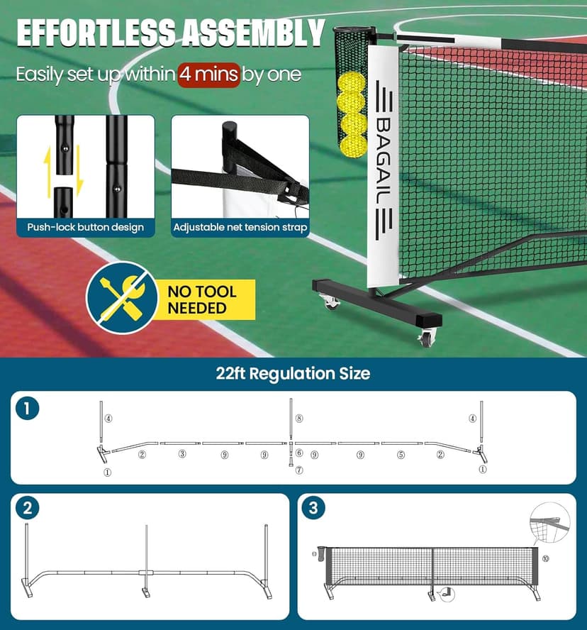 BAGAIL Portable Pickleball Net Set with Wheels, 22 FT Regulation Size & 11 FT Half Court Size 2-in-1 Pickle Ball Net with Ball Collector, Carry Bag, 4 Pickle Balls, Easy Setup for Outdoor Indoor