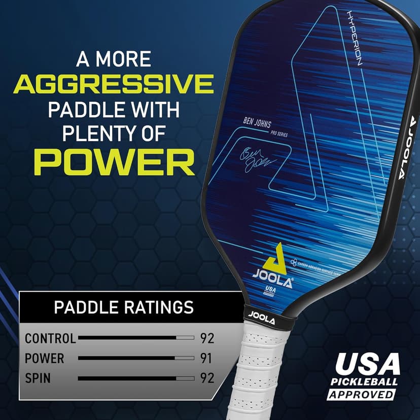 JOOLA Ben Johns Hyperion Pickleball Paddle - Carbon Surface & Sure-Grip Elongated Handle - Increased Power and Spin - Carbon Fiber Pickleball Paddle - Honeycomb Polypropylene Core - USAPA Approved