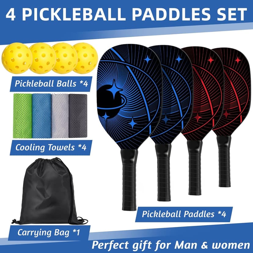 Pickleball Paddles, Pickleball Set with 4 Premium Wood Pickleball Paddles, 4 Pickleball Balls, 4 Cooling Towels & Carry Bag, Pickleball Rackets with Ergonomic Cushion Grip, Gifts for Men Women