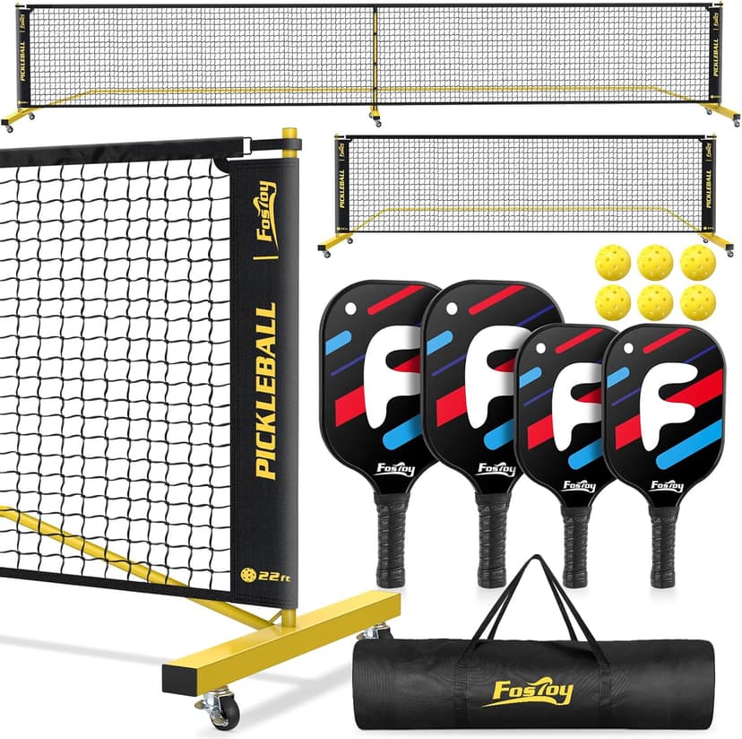 Fostoy Portable Pickleball Net with Wheels, Pickleball Set with 4 Fiberglass Paddles & 6 Pickleballs, Carry Bag, for Backyards Driveways and Garages