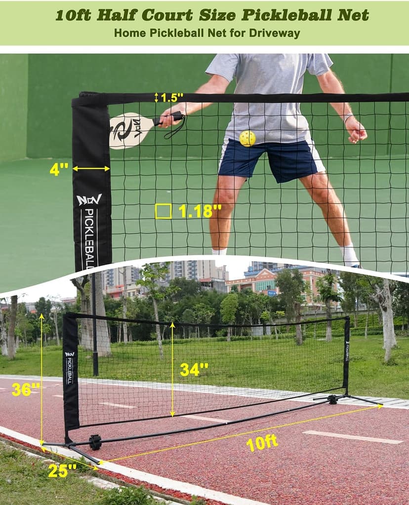 NQV Pickleball Set with Net-10FT Half Court Size Pickleball Net+Wood Pickleball Paddles+Pickle Balls+Ball Retrievers, Portable Outdoor Driveway Indoor for Adults Beginners