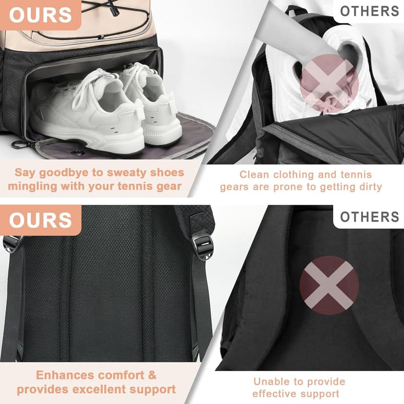 Tennis Bag Holds 2 Rackets, Professional Tennis Bags for Women, Tennis Backpack with Ventilated Shoe Compartment