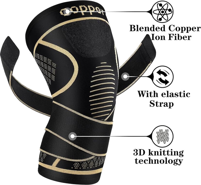 Copper Knee Braces with Strap for Knee Pain Women and Men(2 Pack), Knee Compression Sleeve for Arthritis, ACL, Meniscus Tear, Joint Pain Relief, Knee Support for Working, Running, Weightlifting(L)