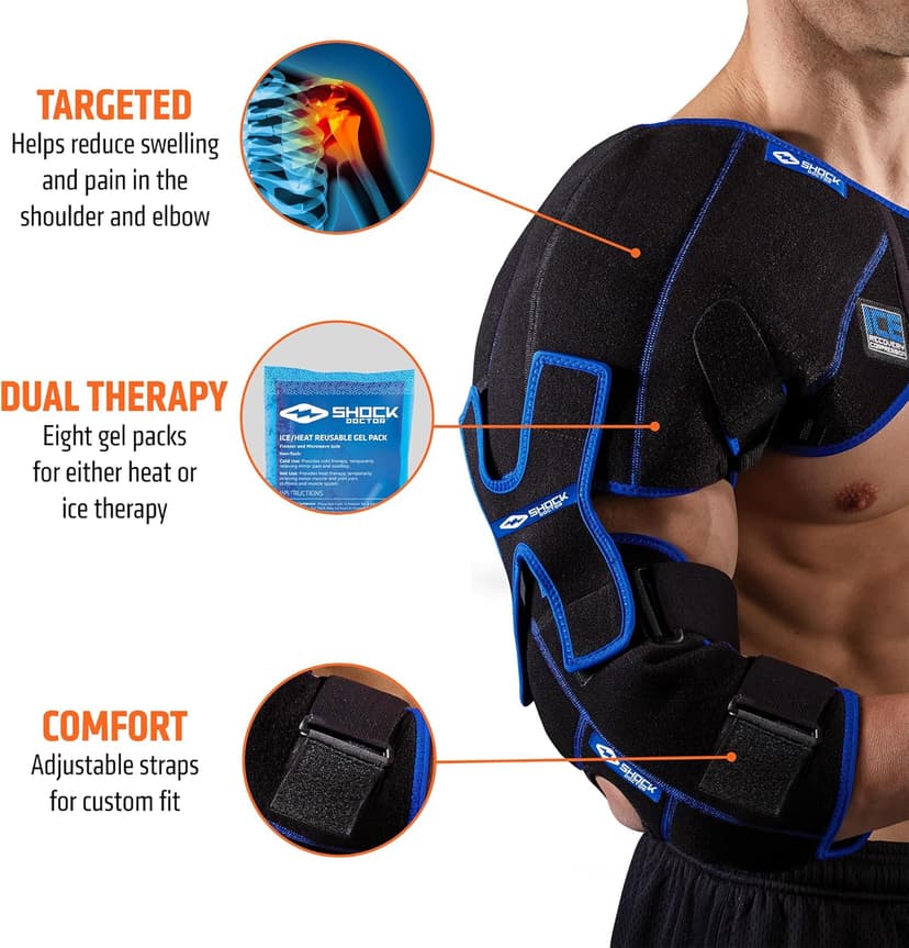 Shock Doctor ICE/Heat Recovery Compression Shoulder & Elbow Wrap Brace, Reusable Gel Ice Packs for Injuries, Hot Cold Therapy